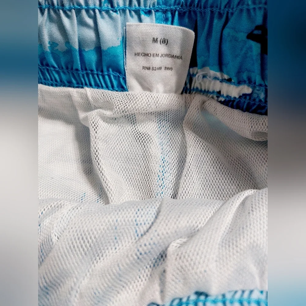 Boys Shark Swim Trunks‎ Size 8 Blue Ocean Print Mesh Lined Adjustable Waist